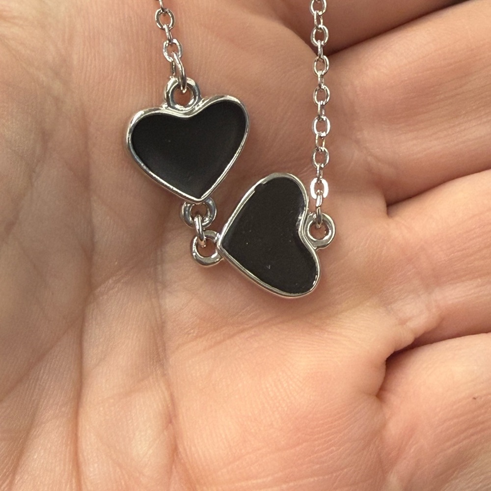 Chic Silver and Black Double Heart Necklace